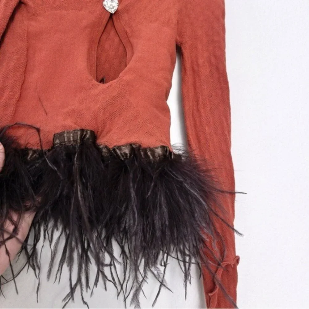 Poster Girl Mira Cutout Top OS Burnt Henna Chocolate Brown Ostrich Feathers Crop